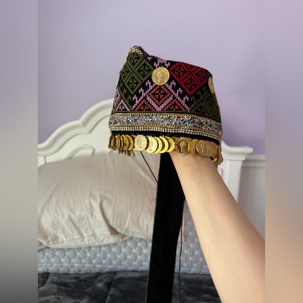 Embellished Beaded Coin Headpiece - Black, Pink, Red & Olive Palestinian Wakaa